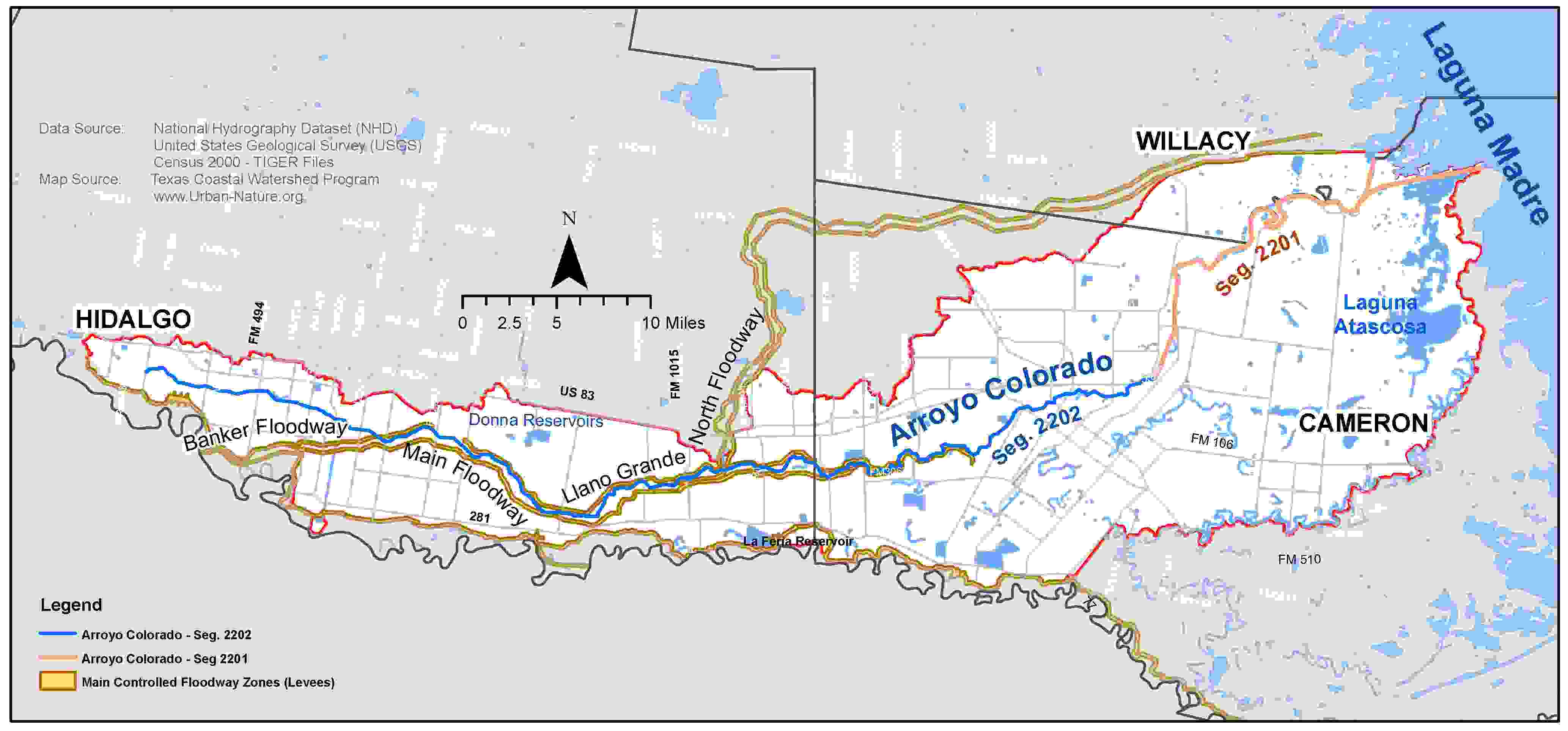 Figure 2.1. Hydrologic map of the Arroyo Colorado showing floodway systems (Arroyo Colorado WPP 2007)
