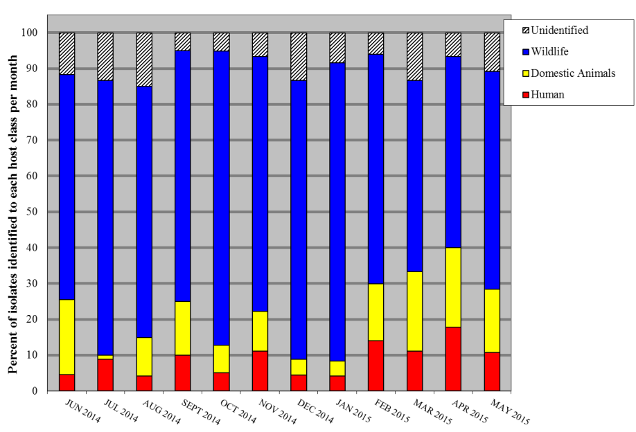 Figure 6.13. Three-way split of E. coli source class identifications by month for all stations combined 