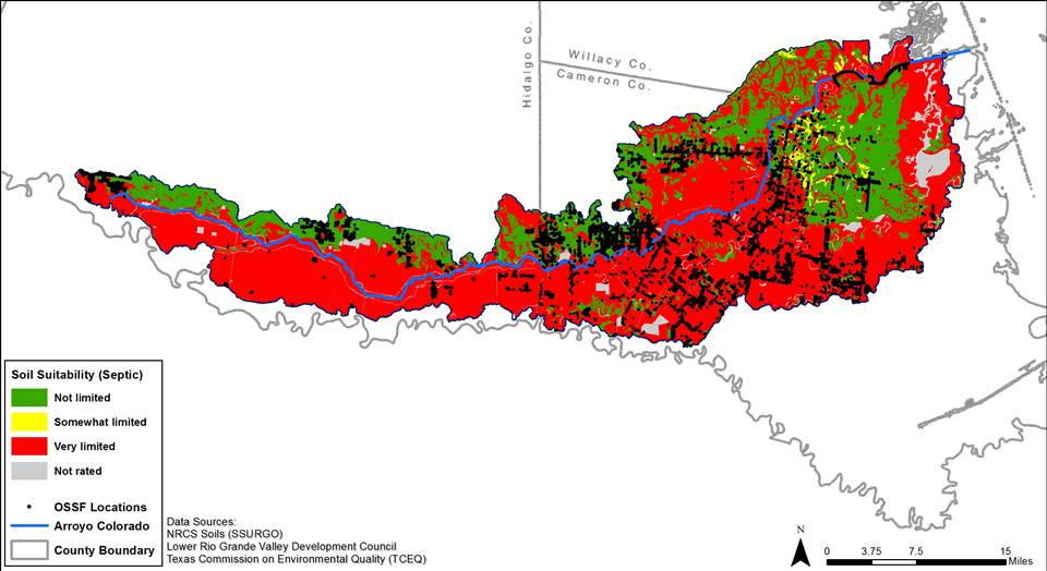 Figure 5.8. Soil suitability for OSSFs and OSSF locations in the Arroyo Colorado watershed