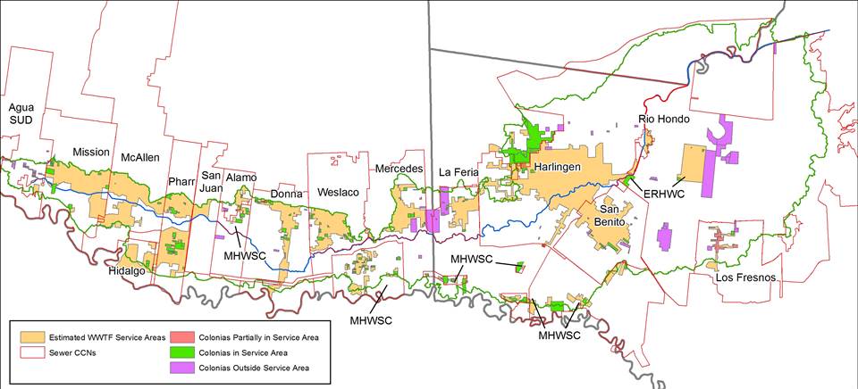 Figure 5.12. Colonias inside and outside of the WWTF estimated service area boundaries
