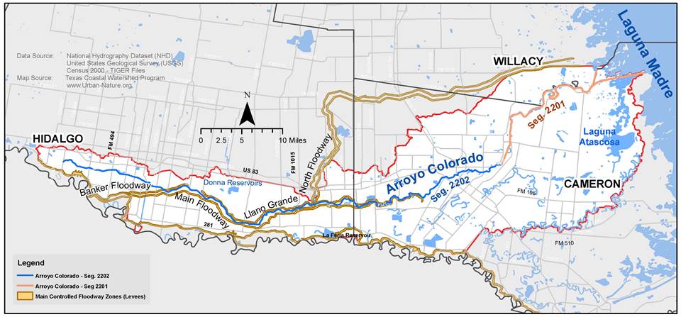 Figure 2.1. Hydrologic map of the Arroyo Colorado showing floodway systems (Arroyo Colorado WPP 2007)