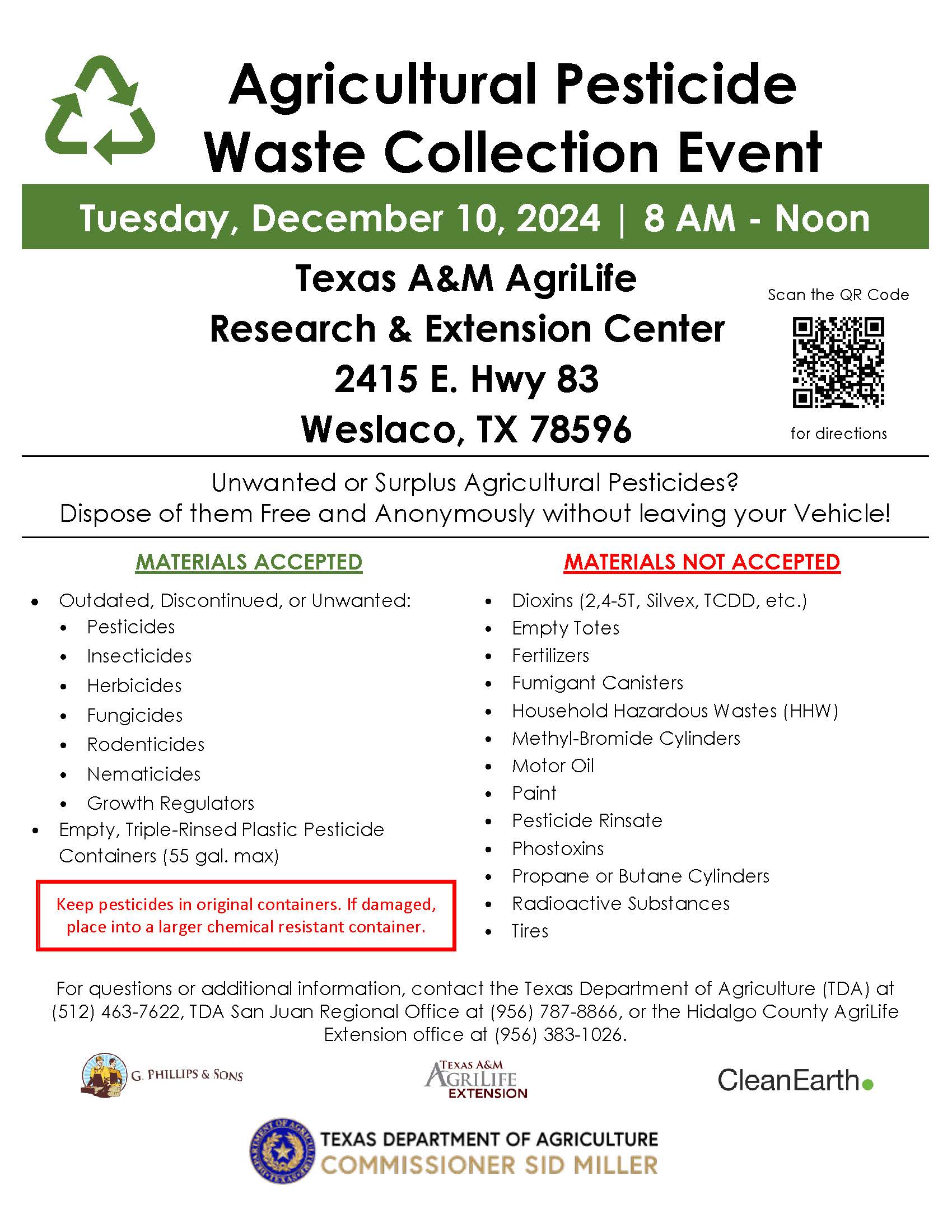 Weslaco County Agricultural Pesticide Waste Collection Flyer