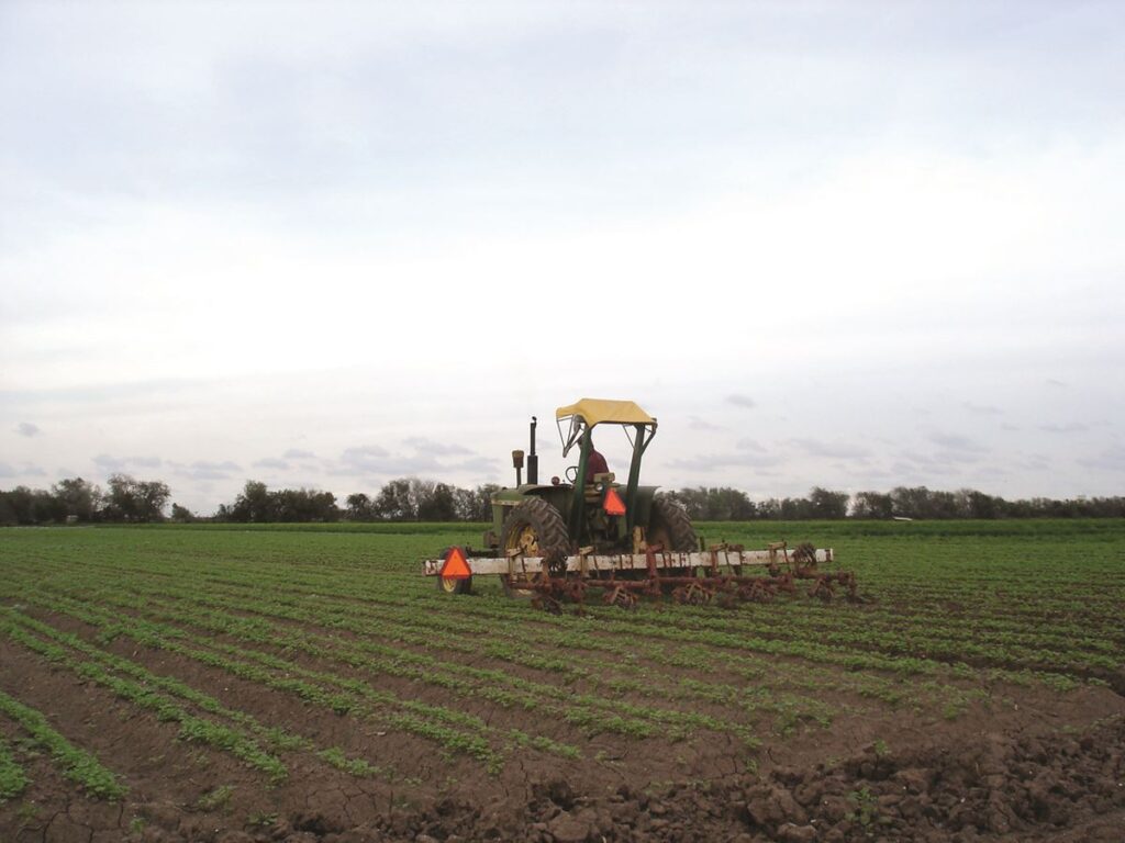 Tractor working a crop field